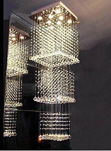 Siljoy L24" X W24" X H80" K9 Crystal Rectangular Shaped Crystal Chandelier Rain Drop Design LED Lighting