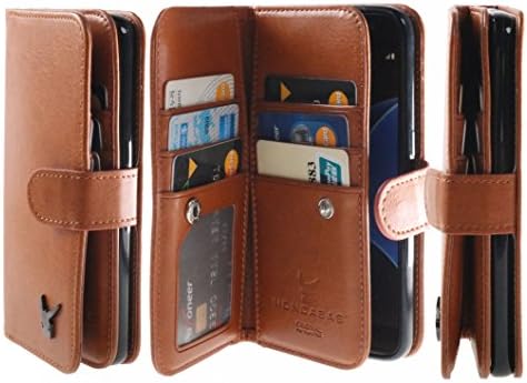 Luxury [Dual Wallet] [Wristlet] Cow Leather [7 Card Slot] [Standing] Book Wallet Flip Case Cover for Galaxy S7 Edge (Brown)