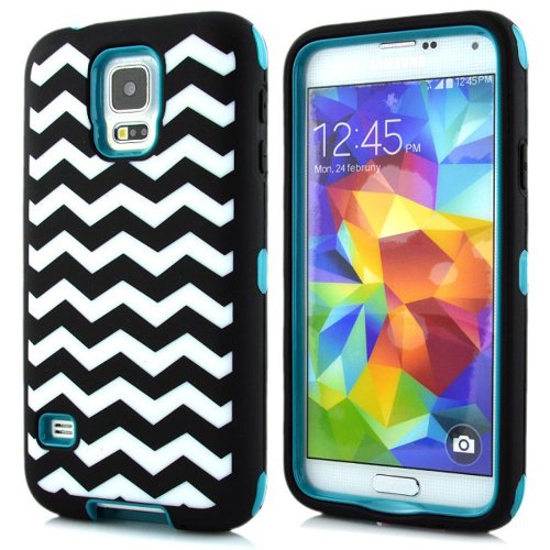 SeanÂ® Chevron Waves Pattern Hybrid Protective Case with Combo Defender Shockproof Function for Samsung Galaxy S5 I9600 (Cyan)