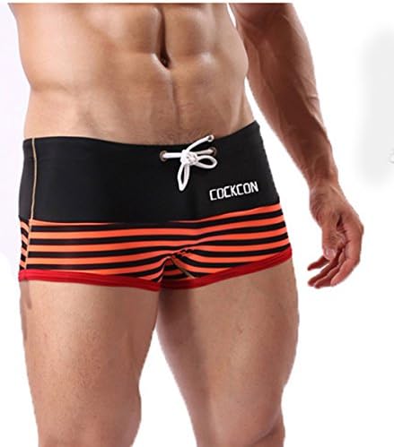 ByCang Men's Swimming Trunks Striped Fashion Sports Boxer Underwear (Red Black Size M)