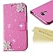 Mavis's Diary Bling Crystal Flower Rhinestone Fashion Leather Wallet Type Magnet Design Flip Luruxy Case Pink Cover with Soft Clean Cloth (Samsung Galaxy S4 9500 9505 M919)