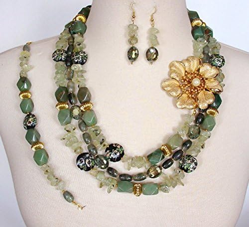 Olive Green Statement Necklace, Big Bold Chunky Floral Necklace, 3 Piece Set, Asymmetrical Brooch, Multi Strand Artisan Necklace