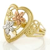 10K Solid Gold Tri-Color Flower Heart Diamond Cut Ring