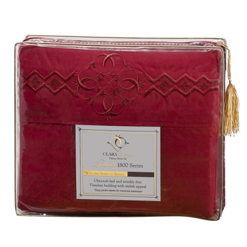 Ultimate Clara Clark Premier 1800 Bed Sheet Set - with Majestic Embroidery - Queen Size, Burgundy Red