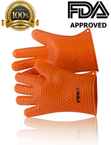 Heat resistant Silicone BBQ Gloves. Use as Cooking Gloves, Oven Mitts, Pot holders or Grill Gloves. Silicone gloves are great Oven Mitts and will protect your hands up to 425F -Lifetime warranty-
