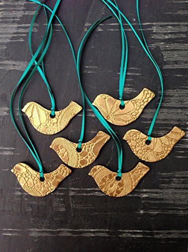 6 Golden Bird Christmas Ornaments Handmade Porcelain Lace Crochet textured Ceramic Gold Finish Bright Red Ribbon or Choose Your Ribbon Colour