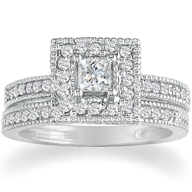 1ct Princess Diamond Bridal Set in 14k White Gold (GH I1): Jewelry