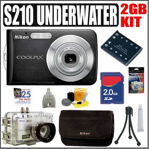 Nikon Coolpix S210 8.1MP Digital Camera Graphite Black Plus Underwater 2GB Deluxe Accessory Outfit - Nikon ANIKCPS210GBK5