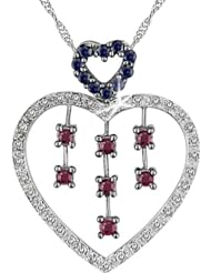 14k White Gold Sapphire, Ruby and Accent Diamond Heart Pendant (0.12 Cttw, G-H Color, I2-I3 Clarity), 17"