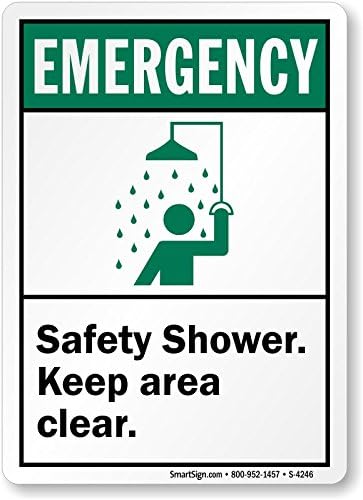 Emergency (ANSI): Safety Shower Keep Area Clear (with graphic), Adhesive Signs and Labels, 10" x 7"