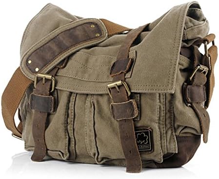 minycoo Military Canvas Leather Shoulder Messenger Bag Hiking Handbag (ArmyGreen, X-Large)
