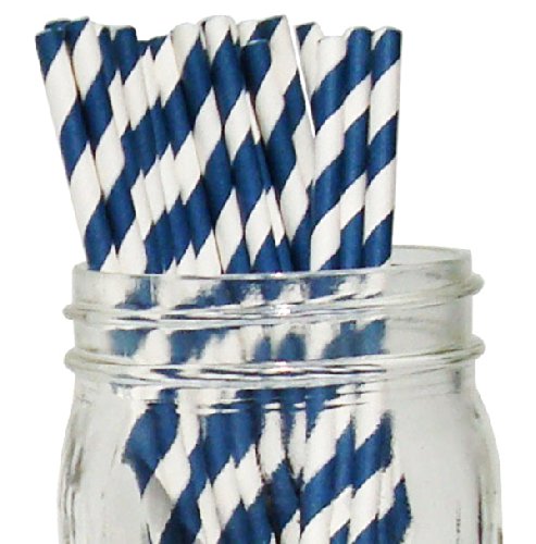 Just Artifacts 25pcs Premium Biodegradable Striped Paper Straws (Striped, Navy)