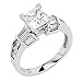 14K White Gold Solitaire Princess CZ Cubic Zirconia High Polish Finish Ladies Wedding Engagement Ring Band with Round & Baguette Side Stone