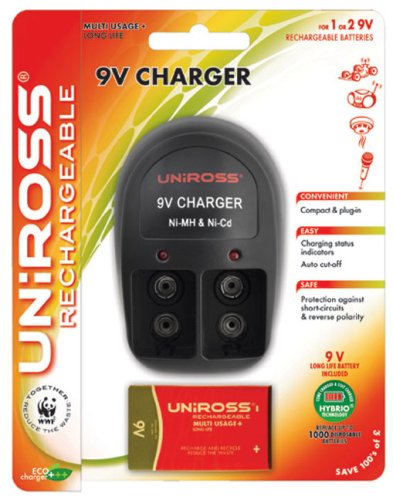 Uniross 9v Charger + 1 x PP3 / 9v Multi Usage Long Life Battery