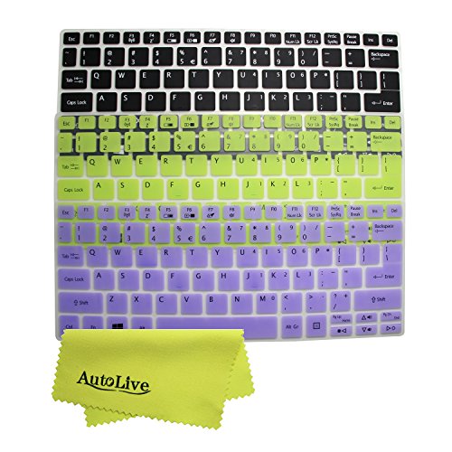 AutoLive TM 2-Pack Translucent Silicone Gel Keyboard Protector Cover Skin for 11.6-Inch Acer Aspire E11 E3-111 V3-111P V5-122 V5-122P V5-132 V5-132P series US Layout + 1 x Microfiber Cleaning (Black+Green+Purple)