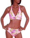 Sexy Hawaiian Flowers Pink and Green Triangle Bikini Swimwear XS S M
