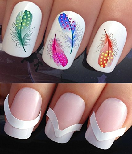 WATER NAIL TRANSFERS DECALS STICKERS ART SET #625 & 172. **plus x48 nail tip guides!!** x20 MULTI COLORED FEATHERS TATTOO WRAPS & x48 FRENCH MANICURE TIP GUIDES! CAN BE USED WITH NATURAL GEL ACRYLIC STICK ON NAILS! OR WITH GLITTER DUST CAVIAR BEADS ALLOYS DECORATIONS CONFETTI FIMO SHAPES TAPE PENS RHINESTONES!