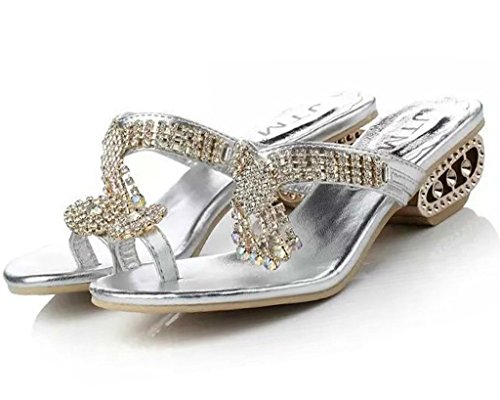 Maybest Womens Faux Rhinestone Mid Heel Open Toe Sandal Slippers (10 B (M) US, Silver)