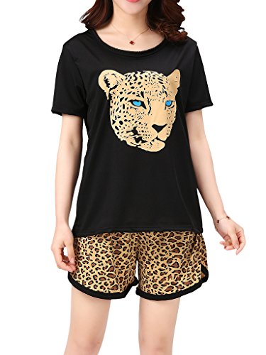 VENTELAN Women's Cute Summer Leopard Pajama Set Sleepwear Nighty