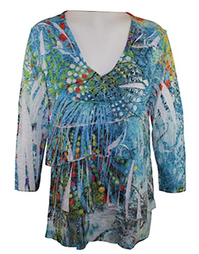 Boho Chic Clothing - Colored Dots, Burn Out Print, Cotton, Viscose & Spandex Blend with Decorative Horizontal Pleat Ruffles, Womens Fashion Top