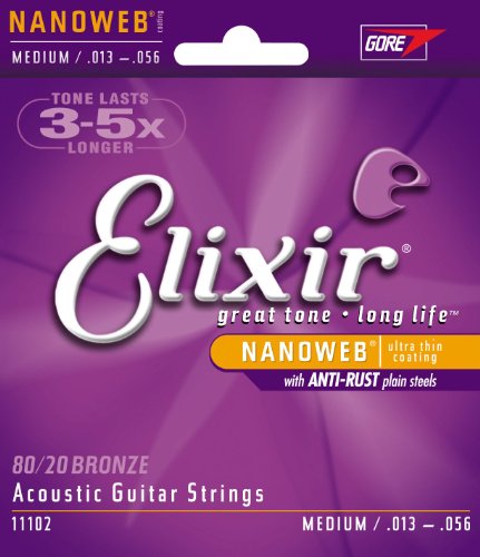 Elixir Strings Acoustic Guitar Strings, 6-String, Medium NANOWEB Coating