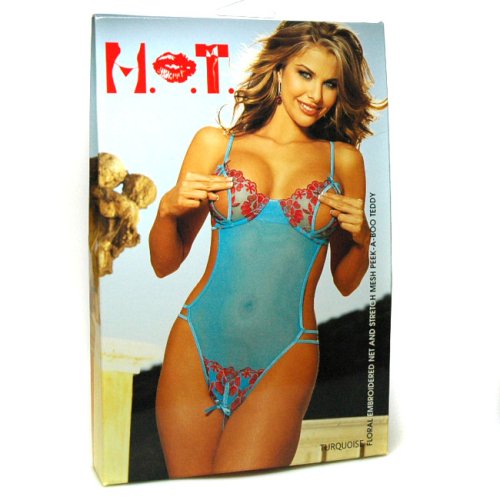 Sexy FLORAL EMBROIDERED NET AND STRETCH MESH PEEK-A-BOO TEDDY, TURQUOISE