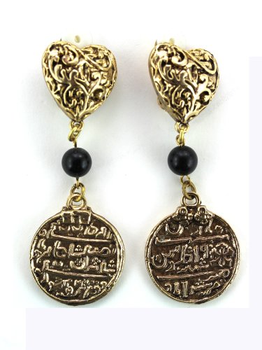 Gold-Colored Heart Earrings With Dangle Coins