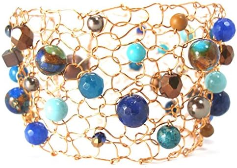 Beaded Bronze Wire Cuff Bracelet Turquoise Agate Copper Crystal Mesh Arm Cuff