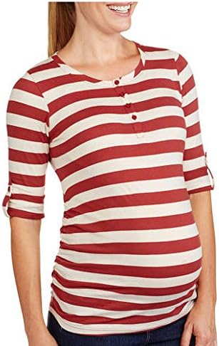 Planet Motherhood Maternity Roll Sleeve Striped Henley With Side Ruching (X-Large, Rust/Off White)