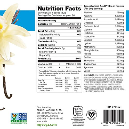 Vega Protein & Greens Plant Based Protein Powder, Vanilla, 1.68 lb (25