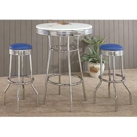 3PC Retro Nostalgic Soda Fountain Style Bar Table and 2 Blue Seat Stools by Bar Stools