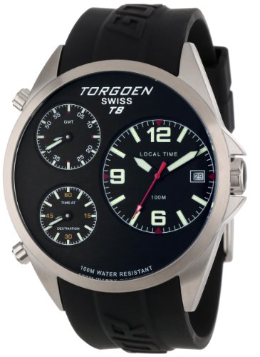 Torgoen Swiss Men's T08301 Triple Time Zone Black Polyurethane Strap Watch