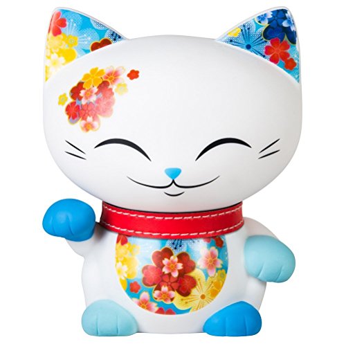 Mani the Lucky Cat Maneki Neko Fortune Cat White - Red Collar/Blue Ear