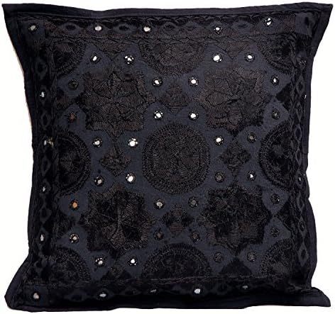 Eminent Craft Gloriana Decorative Throw Pillow / Cushion Cover Black 16' X 16' Cotton Mirrorwork Handmade in Jaipur India