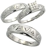 14k White Gold Trio 3-Piece His (6.5mm) & Hers (5mm; 5mm) Wedding Band Set, w/ 0.50 Carat Brilliant Cut & Invisible-set Diamonds; (Men's Size 9 to 12; Ladies' Size 6 to 8)
