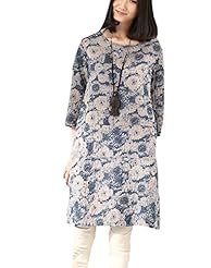 Cotton/Linen General Print Elbow Length Sleeves  Shirt  Dress