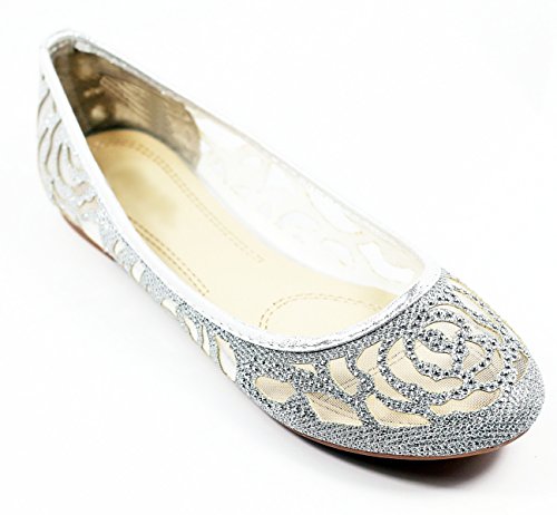 Walstar Women Basic Glitter Mesh Flat Slip on Shoes,7.5 B(M) US,Silver