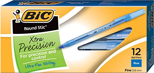 BIC Round Stic Xtra Precision Ball Pen, Fine Point (0.8 mm), Blue, 12-Count