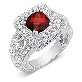 Gorgeous 2.00 carats total weight Cushion Cut Checker Board Garnet & White CZ Size 6 Gemstone Ring in Sterling Silver Rhodium Finish