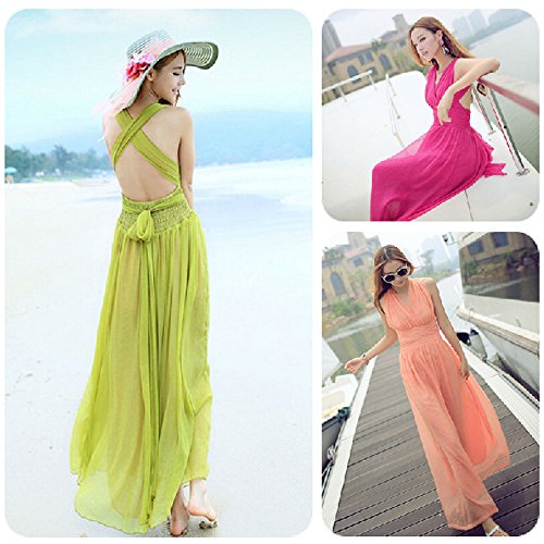 [Kapua] Vネック ビーチ ロング ワンピース  レディース ドレス (グリーン / ピンク / オレンジ)