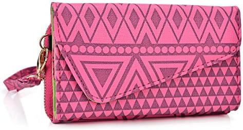 Lenovo IdeaPhone K900 SMARTPHONE UNIVERSAL WRISTLET CASE WITH CHAIN STRAP- UNIVERSAL FIT in rasberry pink WITH A FINISHED AZTEC PRINT