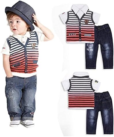 Herhoo Baby Boy T-shirt, Striped Vest and Jeans 3-pc 6M-4Y (6-12 months)