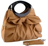 Apricot Large Bowknot Ruffle Double Handle Leatherette Satchel Hobo Handbag w/Shoulder Strap
