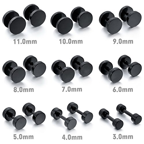 Men's 3~11mm Stainless Steel Studs Earrings Black Polished Tapers Cheater Faux Fake Ear Plugs Gauges Illusion Tunnel Non Pierce Body Jewelry