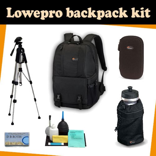 LowePro Backpack kit which includes the Lowepro Fastpack 200 (Black) + TR-60N Camera Tripod + DMC-Z wallet for memory card(s) - batteries - Mini DV tapes and more + Lowepro Mesh Water Bottle Bag for 32oz. Size Bottles + Camera lens Cleaning kit + DB ROTH Micro Fiber Cloth.