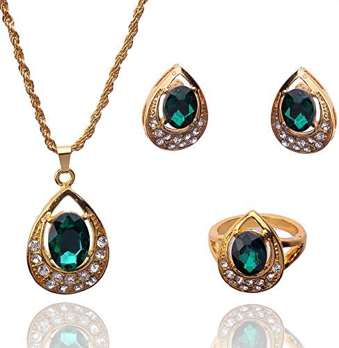 Julycoffee 18k Gold Plated Oval Cut Emerald Green Necklace Earrings Ring Jewelry set