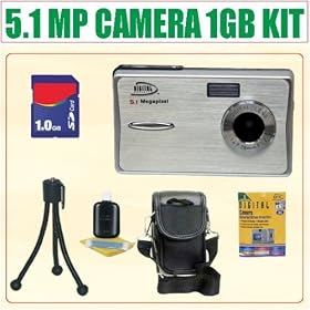 Digital Concepts 5.1 MP Digital Camera + 1GB Accessory Kit which Includes:- 1 Gigabyte Secure Digital Memory Card - Well Padded Camera Carrying Case w/Pockets &amp; Strap - Lens Care Cleaning Kit - Flexable Mini Tripod - Universal LCD Screen Protectors.