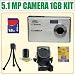 Digital Concepts 5.1 MP Digital Camera + 1GB Accessory Kit which Includes:- 1 Gigabyte Secure Digital Memory Card - Well Padded Camera Carrying Case w/Pockets & Strap - Lens Care Cleaning Kit - Flexable Mini Tripod - Universal LCD Screen Protectors.