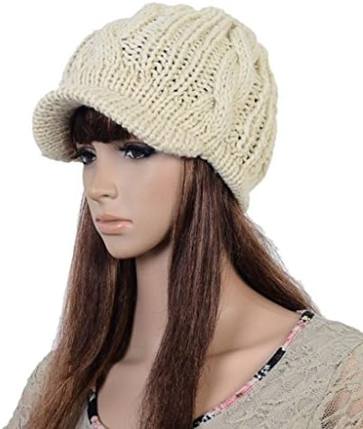 Yongjie Slouchy Cabled Pattern Knit Beanie Crochet Rib Brim Newsboy Cap Hat Beige