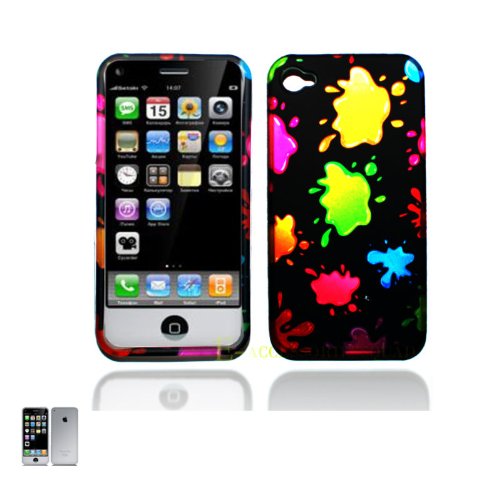 Yellow Blue Red Pink Green Color Paint Design Rubberized Snap on Hard Cover Protector Faceplate Skin Case for Apple Iphone 4 4G 16GB 32GB + Front & Back LCD Screen Guard Film (Free Wristband))